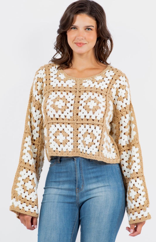 Floral Crochet Bell Sleeve Sweater
