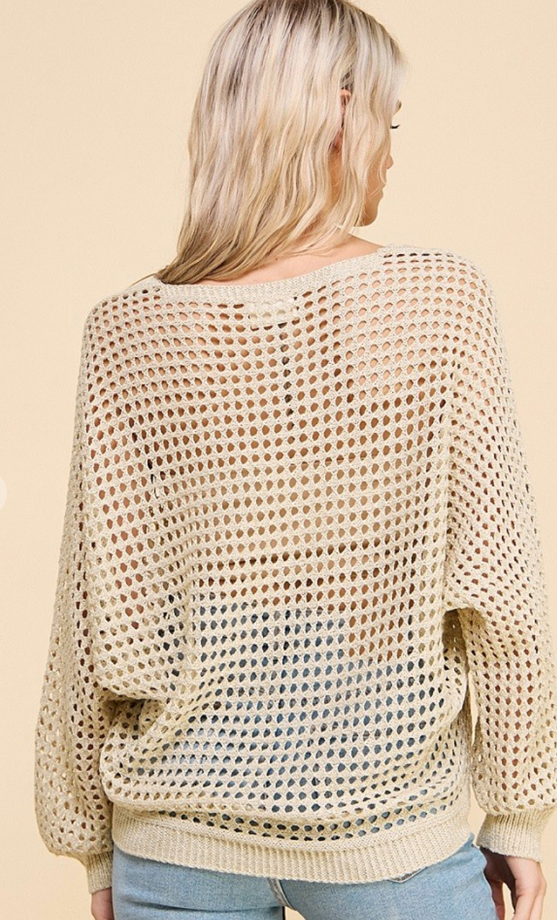 Open Weave Foil Knit V-Neck Sweater